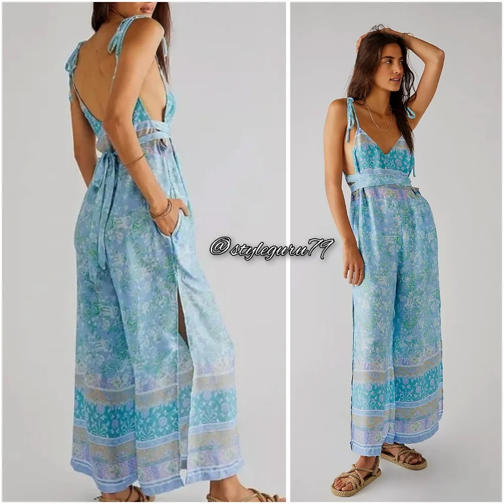 Free People, Leona Tie Shoulder Jumpsuit In Blue